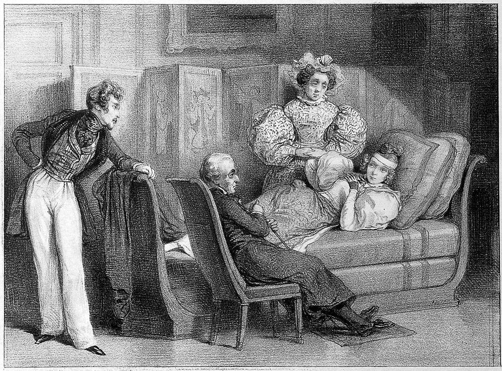 A young lady reclining, being attended by a physician. Lithograph.