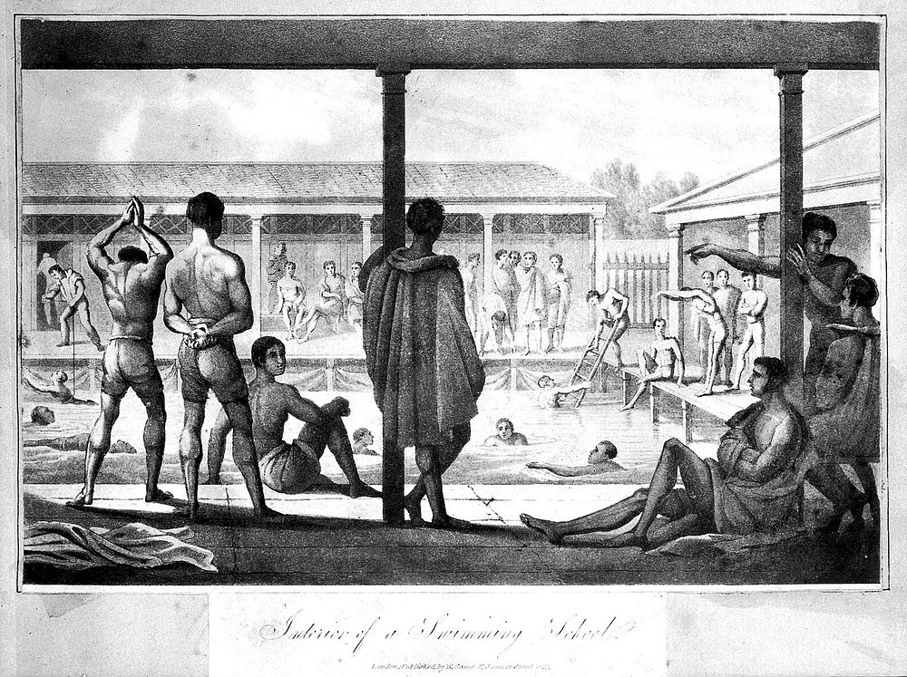 Young men bathing and relaxing at a swimming school. Coloured aquatint, 1822.