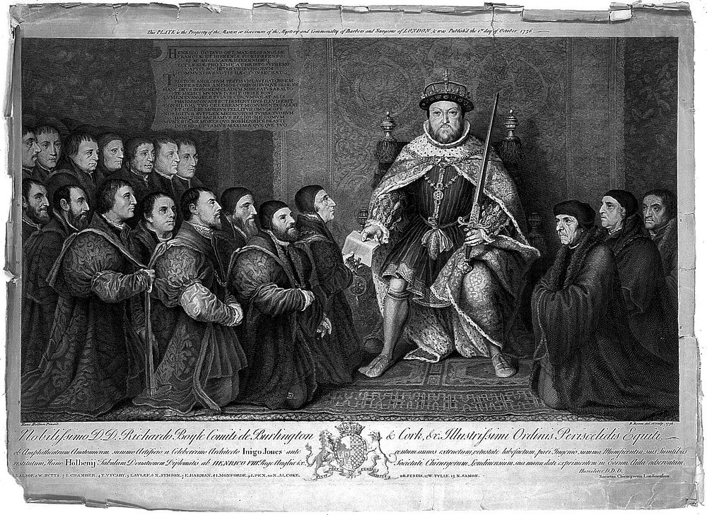 King Henry VIII granting a Royal Charter to the Barber-Surgeons company. Engraving by B. Baron, 1736, after H. Holbein, 1542.