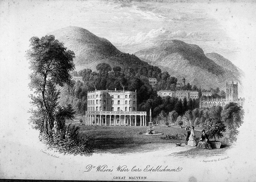 Great Malvern, Worcestershire: Dr. Wilson's water cure establishment. Line engraving by E. Goodall after H. Lamb.