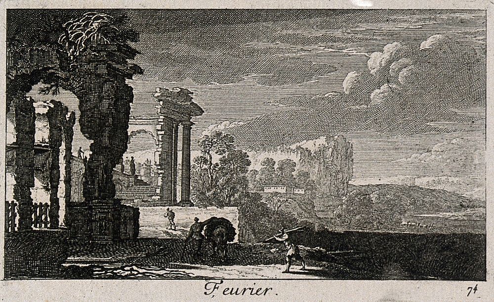 A landscape with ruins and men with a donkey carrying wood; representing February. Etching by G. Perelle, c. 1660.