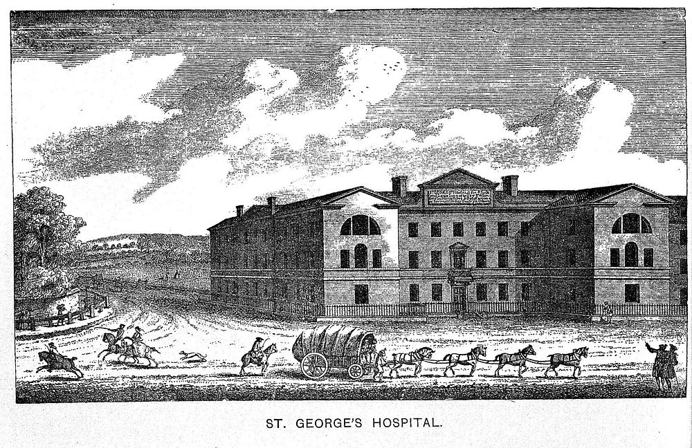 St. George's Hospital, Hyde Park Corner. Process print facsimile of an 18th century engraving.