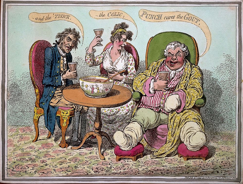 Three people drinking punch as a cure for (right to left) gout, colic, and phthisis. Coloured etching by J. Gillray, 1799.