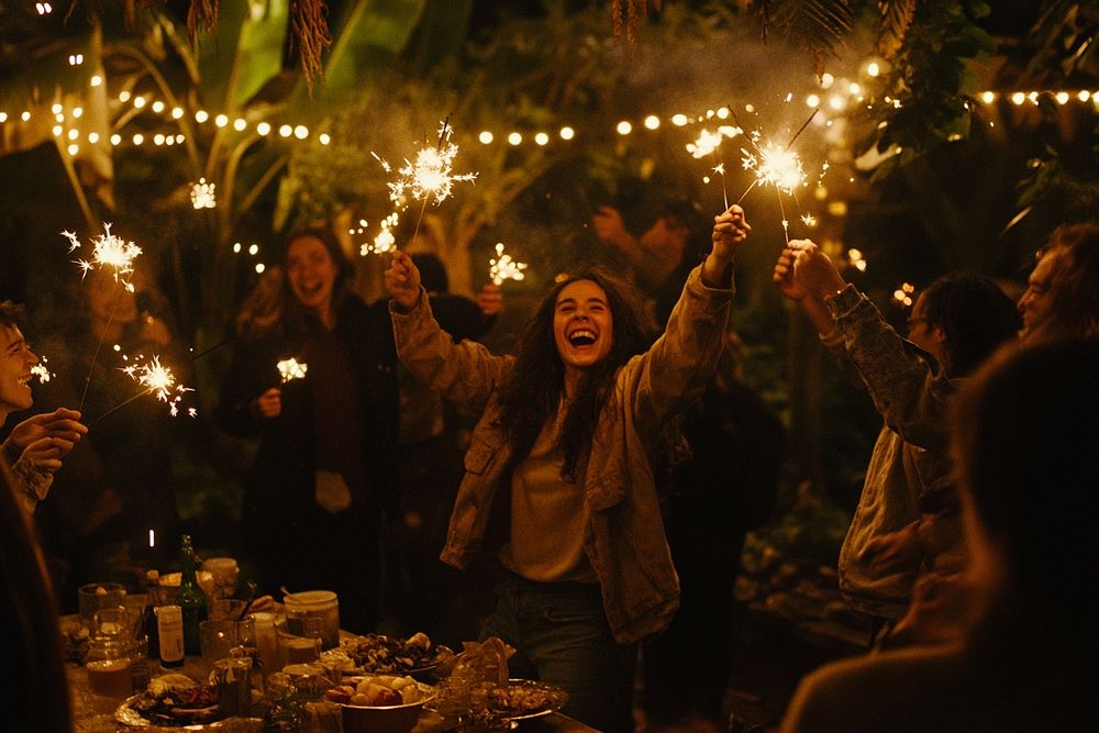 A group of friends celebrating at an outdoor garden party sparklers lighting outdoors.