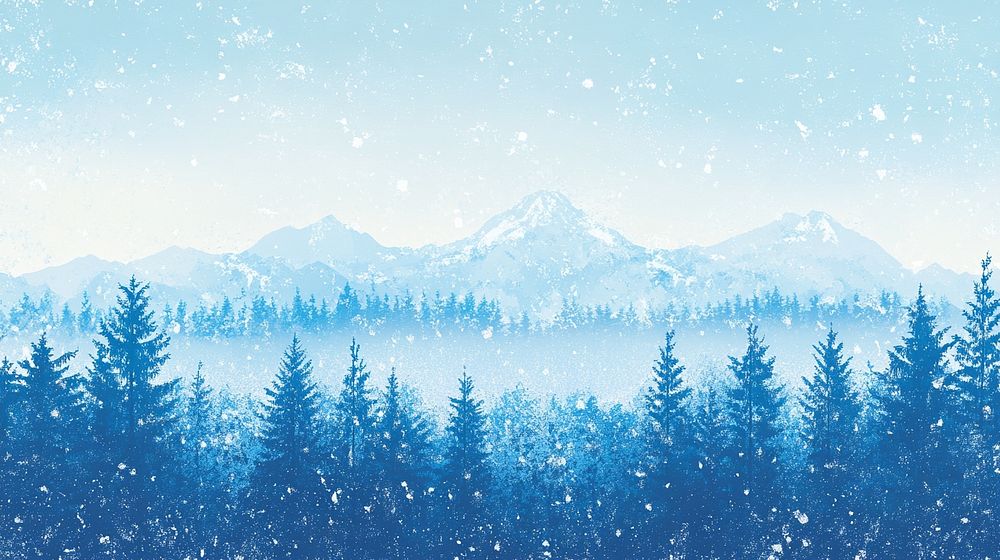 Light blue winter landscape forest snow illustration.