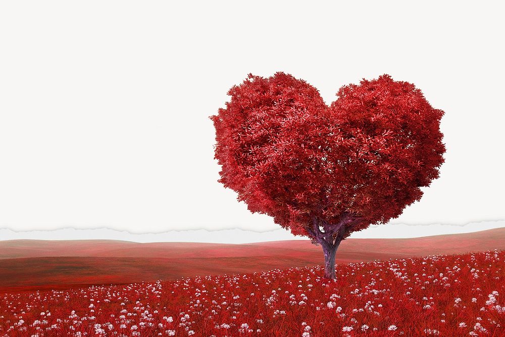 Red heart tree background, ripped paper border