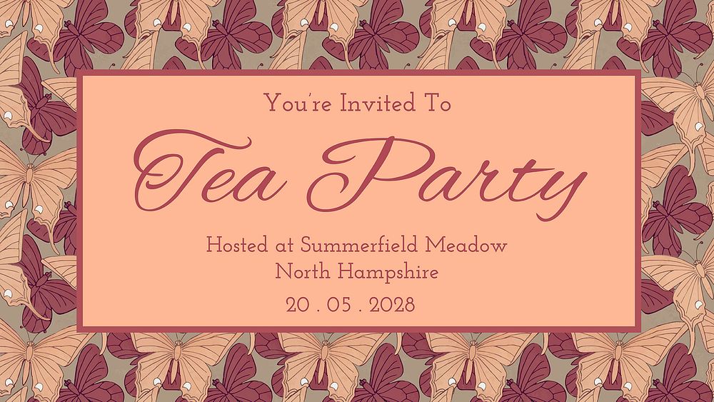 Tea party presentation template, vintage butterfly pattern vector, famous Maurice Pillard Verneuil artwork remixed by…