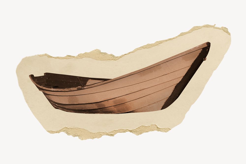 Watercolor boat illustration, torn beige paper badge