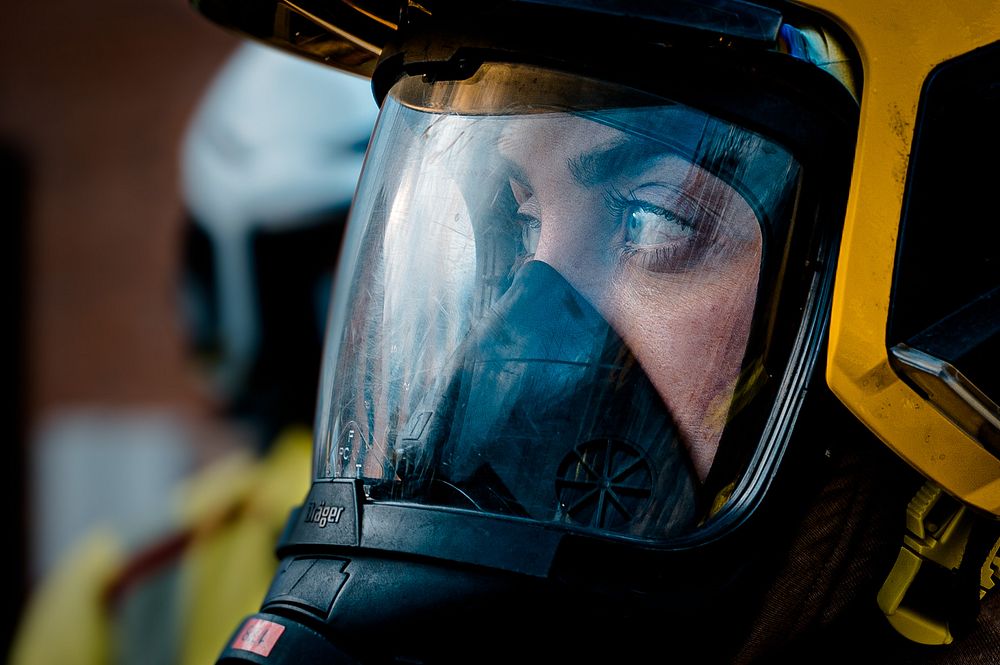 Woman wearing protective helmet, February 18, 2021, Cheshire, UK. Original public domain image from Flickr