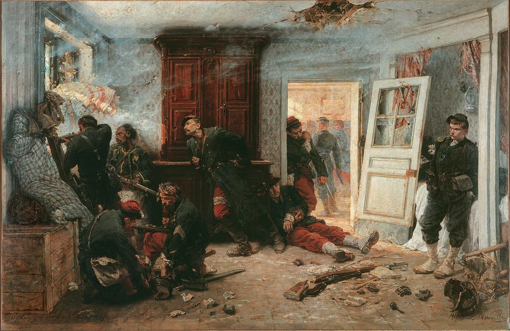 Painting by Alphonse-Marie-Adolphe de Neuville, 1873: Les dernières cartouches (The last cartridges). French snipers ambush…