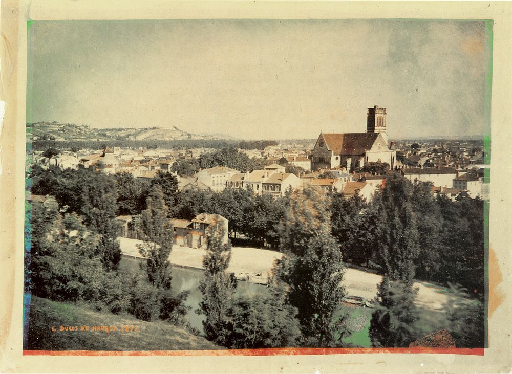 Early color photo of Agen, France, by Louis Ducos du Hauron, 1877. The cathedral in the scene is the Cathédrale Saint…