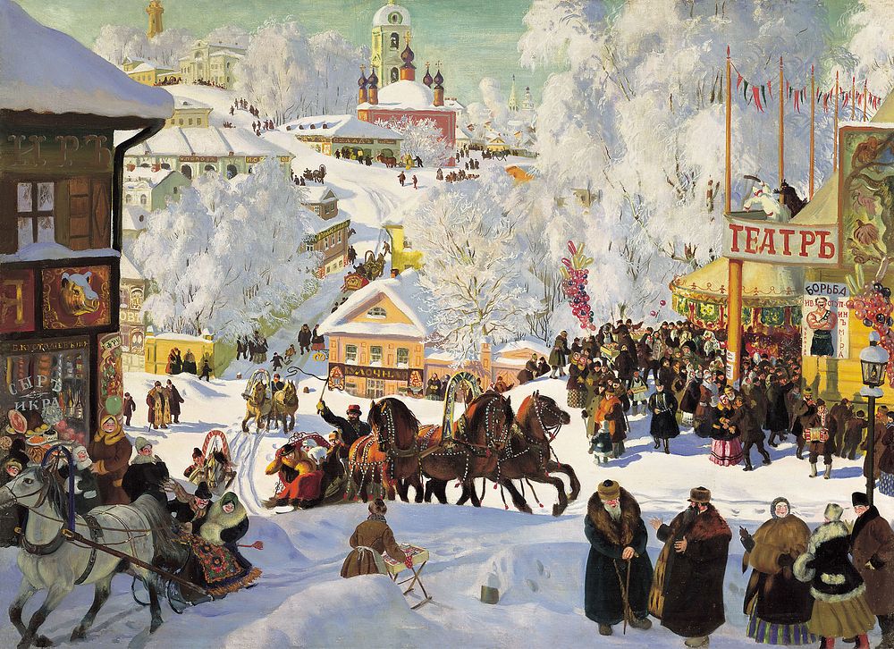 Depicts the Eastern Orthodox holiday Maslenitsa.