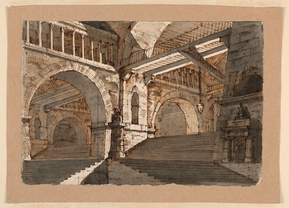 Stage Design, Underground Stairways and Galleries of a Fortified Palace, attributed to Angelo Toselli