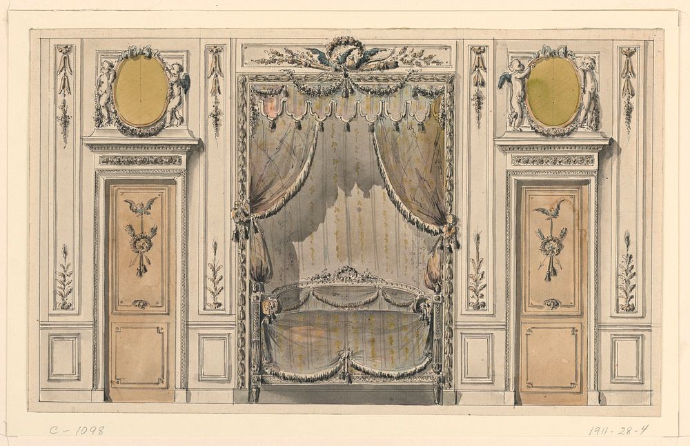 Design for Elevation of Alcove Wall of Bedroom, attributed to Juste-Fran&ccedil;ois Boucher and Henri Sallembier
