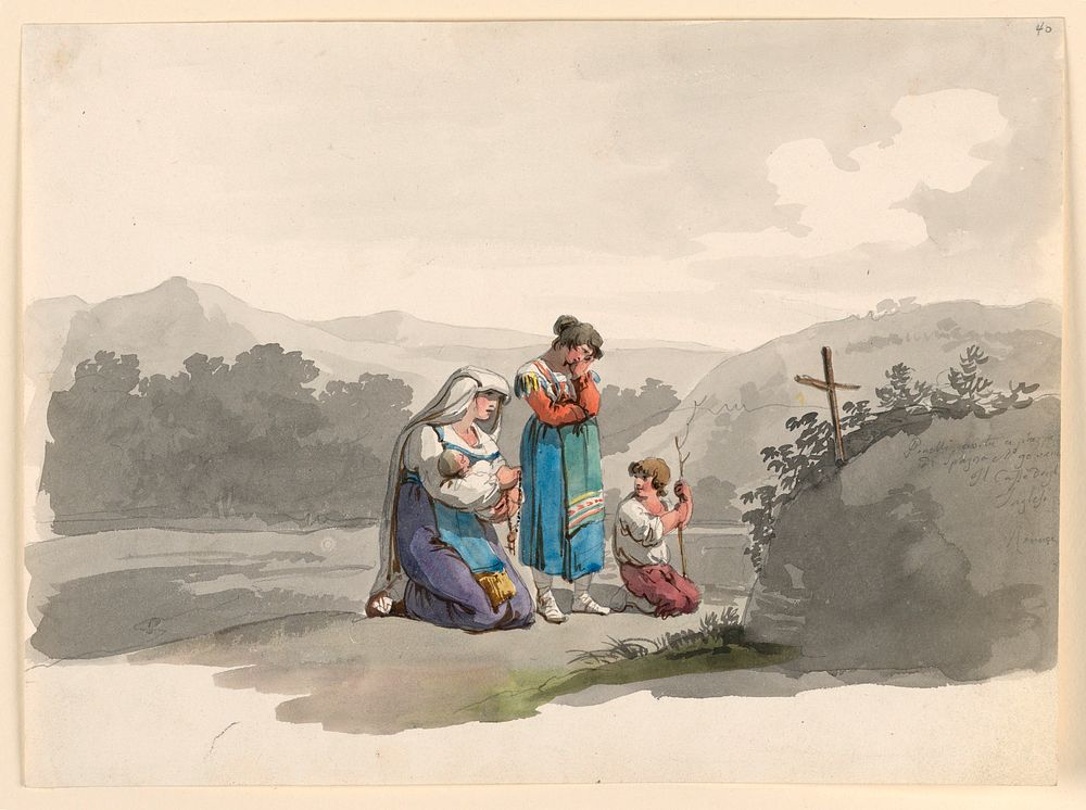 Woman with a Baby Praying Before the Cross Marking the Place Where Her Husband was Killed by Bartolomeo Pinelli, Roman, 1781…