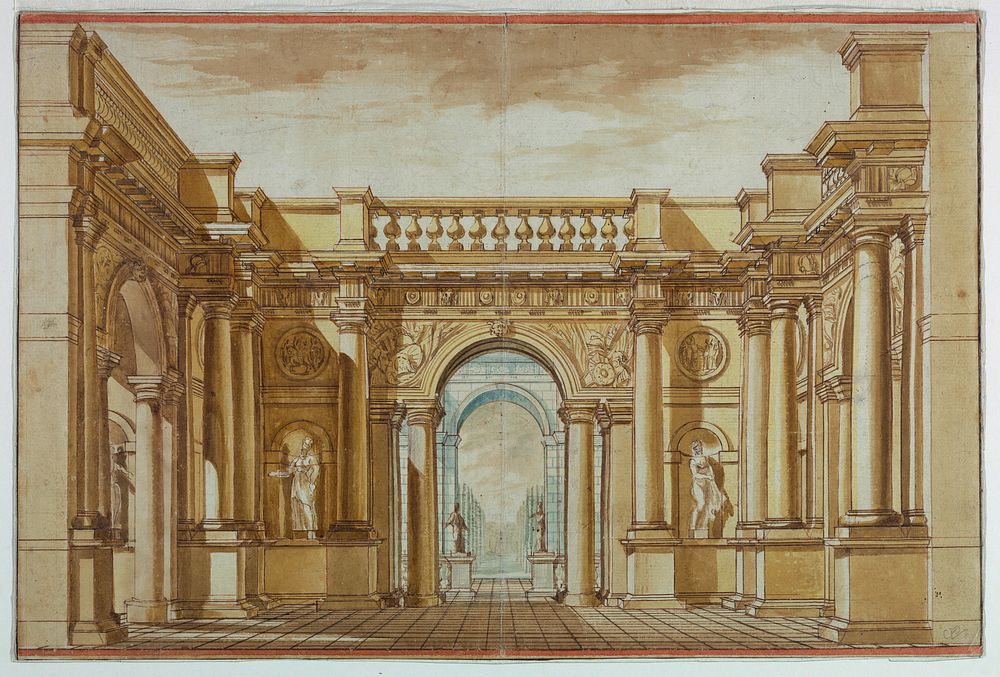 Stage Design: Walled Courtyard with View of a Garden, afterAndrea Pozzo