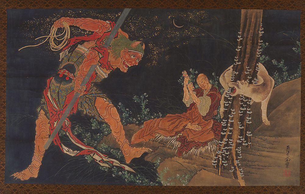 A Priest (Kōbō Daishi) practicing the Tantra, a demon before him, and a wolf behind by Katsushika Hokusai