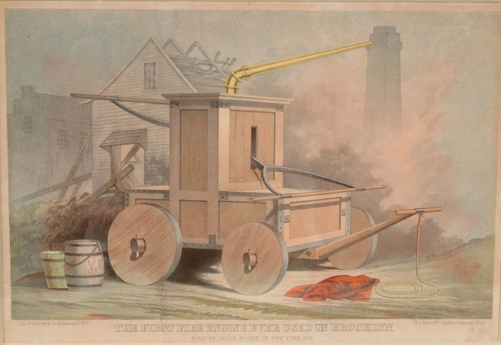 Lithograph, "THE FIRST FIRE ENGINE EVER USED IN BROOKLYN"
