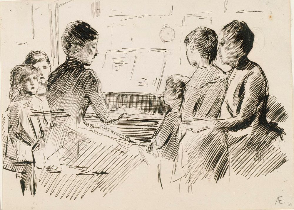 Ryhmä naisia ja lapsia pianon ympärillä by Albert Edelfelt