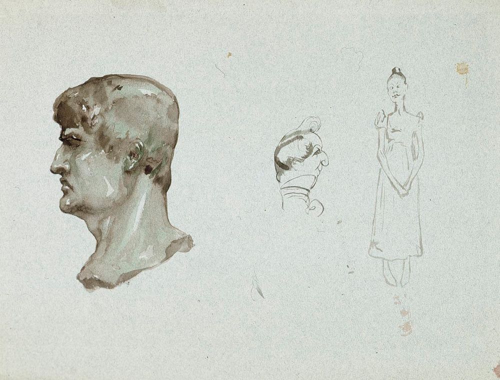 A roman head and a caricature of a man and a woman by Albert Edelfelt