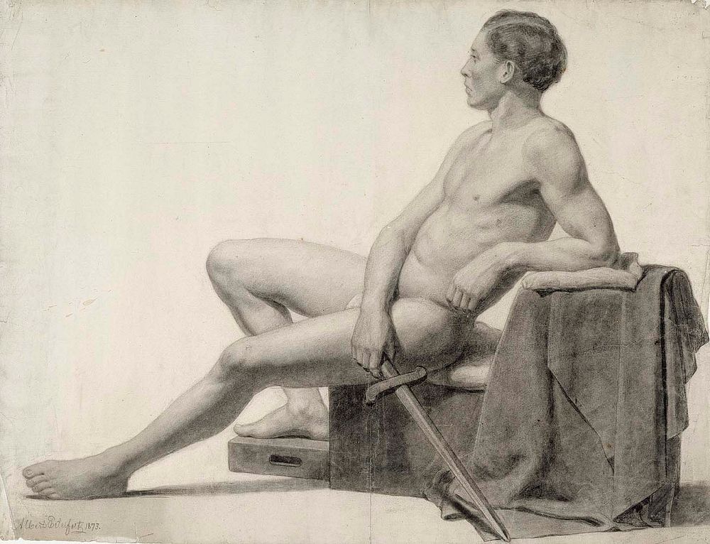 Seated male model holding a sword, academy study, 1873 by Albert Edelfelt