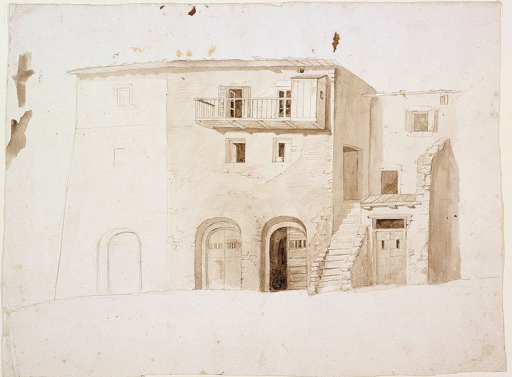 Aihe italiasta: kivitalo, keskellä kaksi porttia ja portaat by Robert Wilhelm Ekman