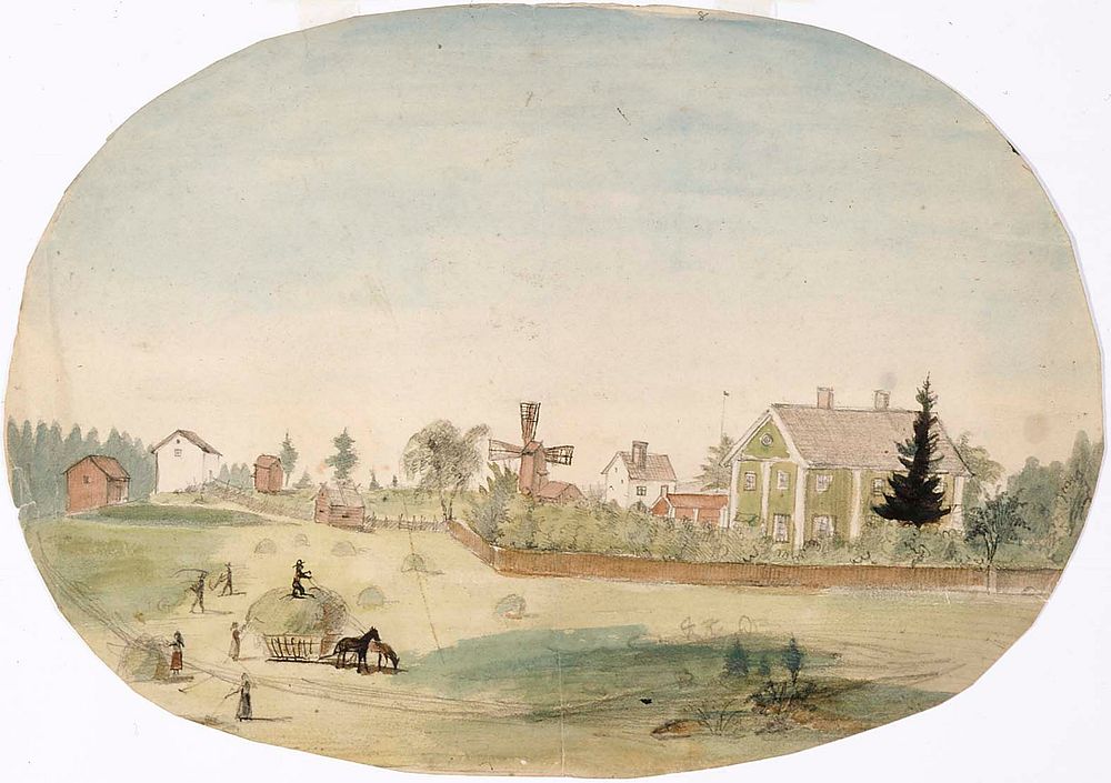 Heinäntekoa maalaistalon edustalla, 1850 - 1855 by Anders Ekman
