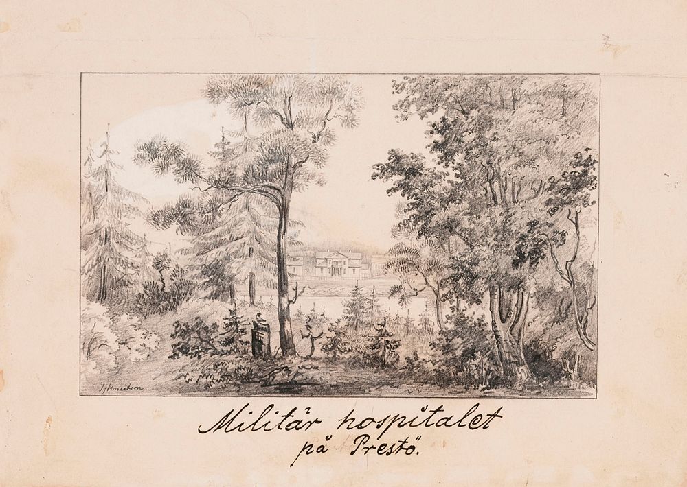 Military hospital on prestö island, original drawing for finland depicted in drawings, 1844 - 1846 by Johan Knutson