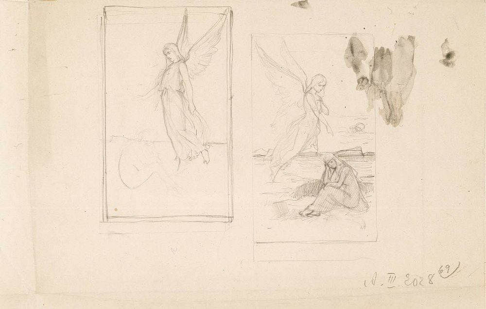 Kaksi sommitteluluonnosta enkelistä ja istuvasta naisesta by Albert Edelfelt