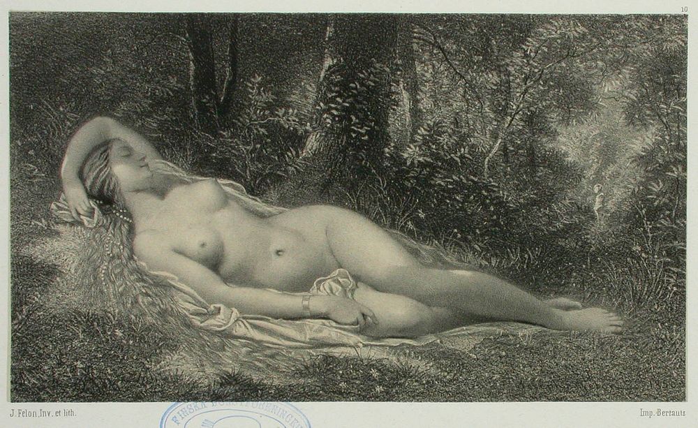 Lepäävä alaston nainen metsässä, 1850