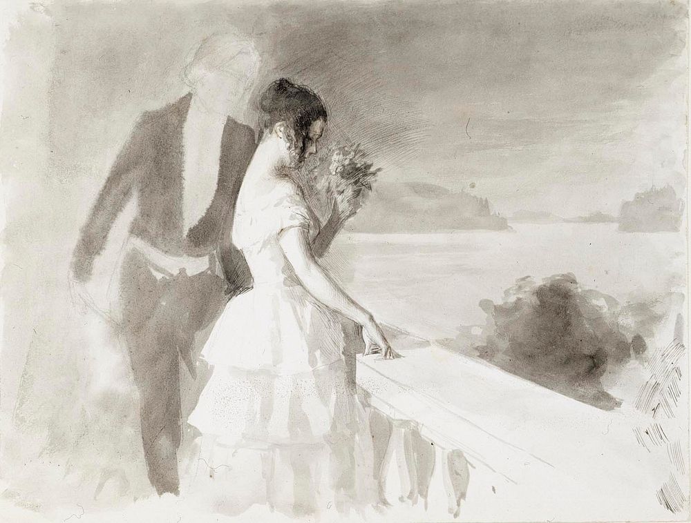 Nuori nainen ja mies terassilla by Albert Edelfelt
