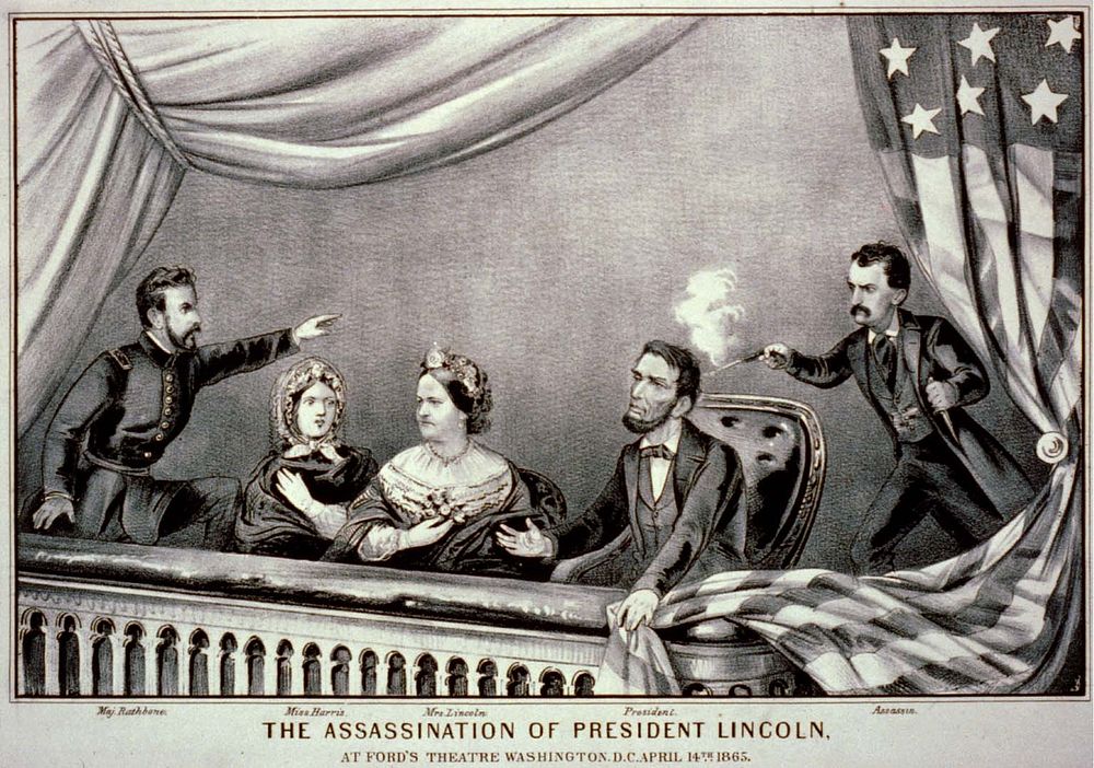 Lithograph of the Assassination of Abraham Lincoln. From left to right: Henry Rathbone, Clara Harris, Mary Todd Lincoln…