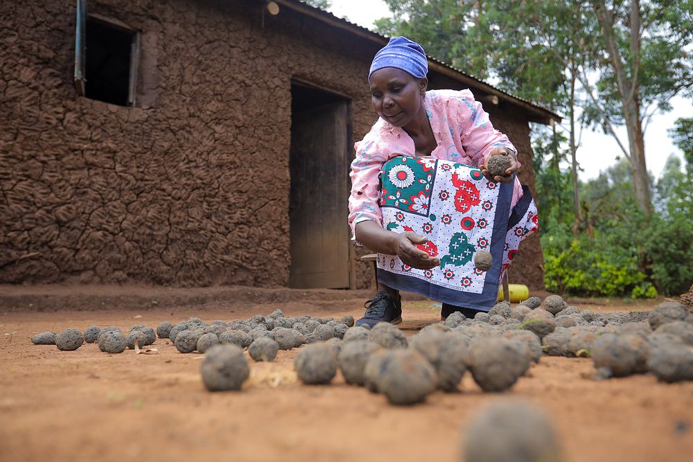 A mosquito net beneficiary outside her home.