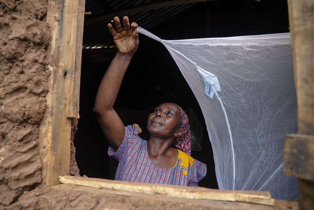 Woman sets up her mosquito net.