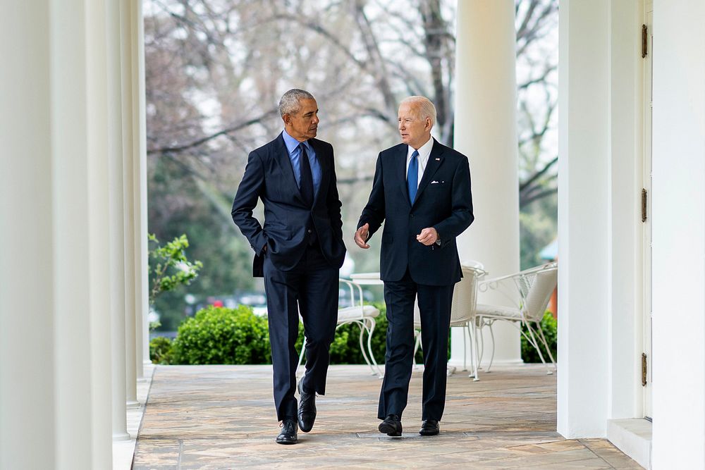 President Joe Biden and former President Barack Obama walk through the Colonnade of the White House, Tuesday, April 5, 2022…