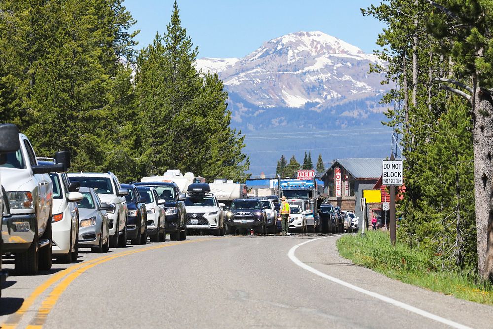 Yellowstone south loop reopens, West Entrance June 22, 2022: lines into West Yellowstone, MT (2)NPS / Jim Peaco