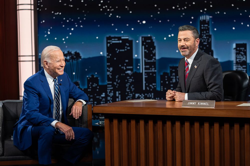 President Joe Biden tapes an appearance on “Jimmy Kimmel Live!”, Wednesday, June 8, 2022, at El Capitan Theatre in Los…