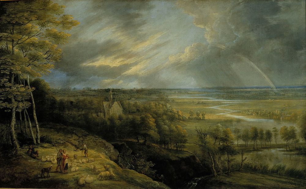 Landscape with rainbow, shepherds and sheep, 1648, Lucas Van Uden