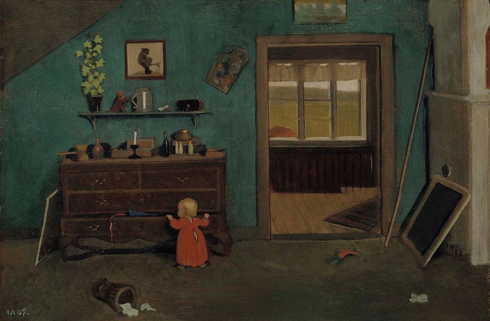 Little girl in front of an open chest of drawers, 1907, Ivar Arosenius