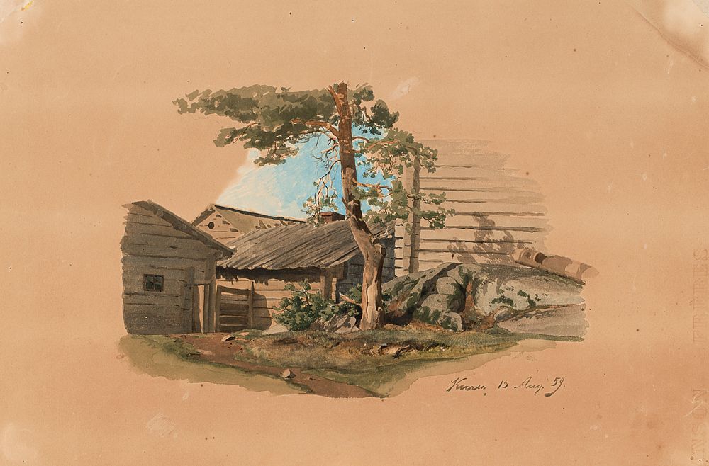 Kallioinen pihamaa, jonka keskellä kasvaa mänty, 1859, Werner Holmberg
