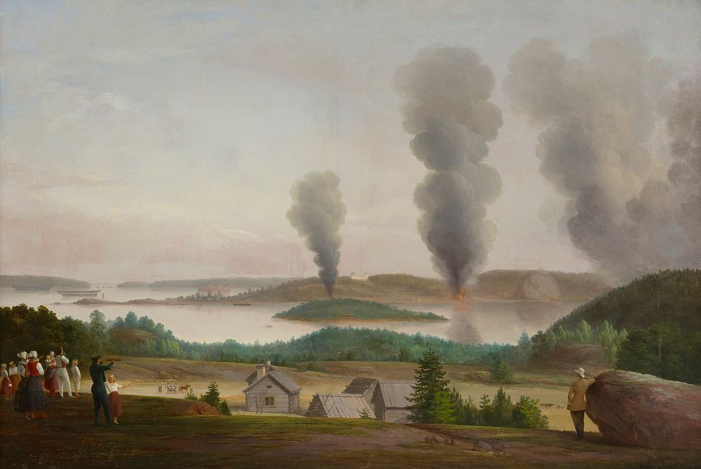 Ruotsinsalmi is burning, scene from the crimean war 1855, 1855 - 1856, Berndt Abraham Godenhjelm