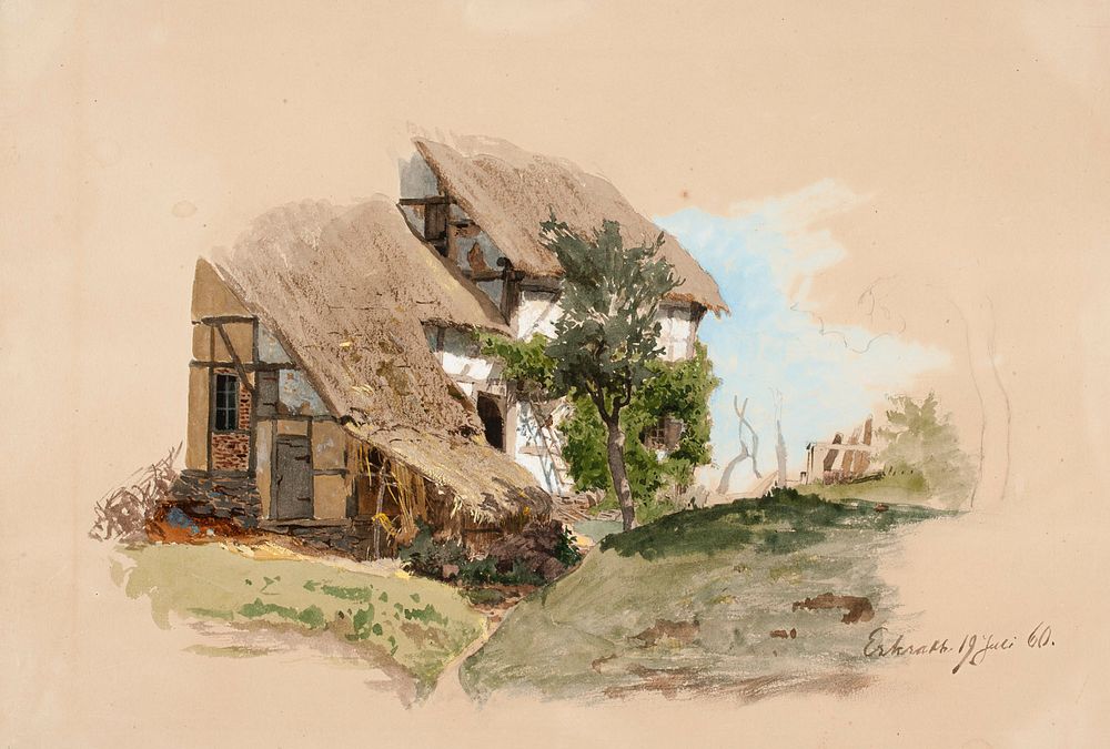 Reininmaalainen talonpoikaistalo, keskellä talon edessä lehtipuu, 1860, Werner Holmberg