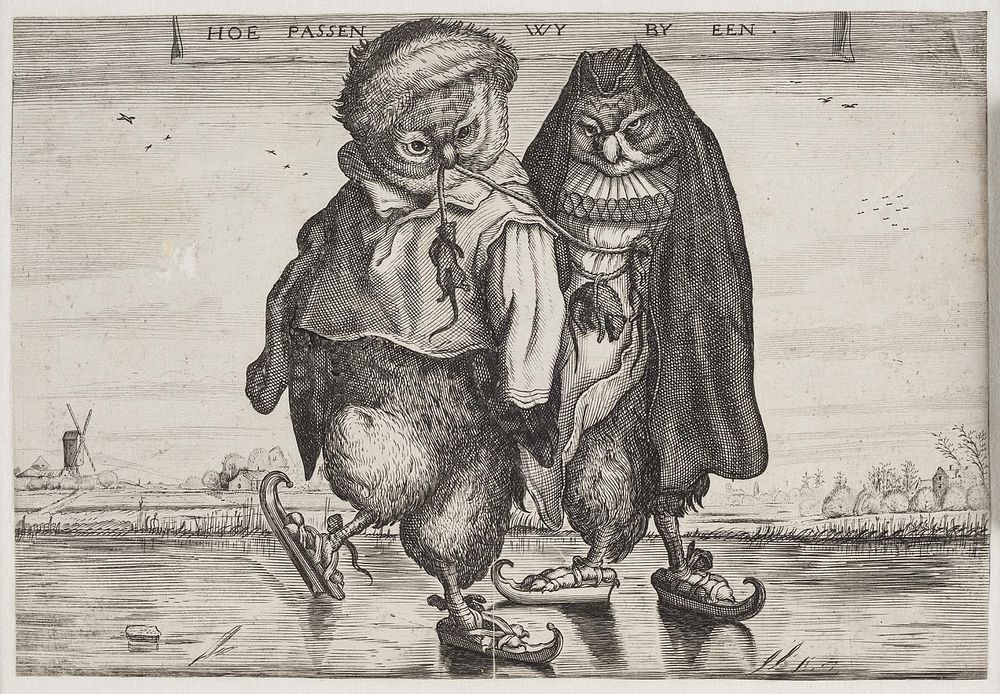 Two dressed owls skating by Adriaen Pietersz van de Venne