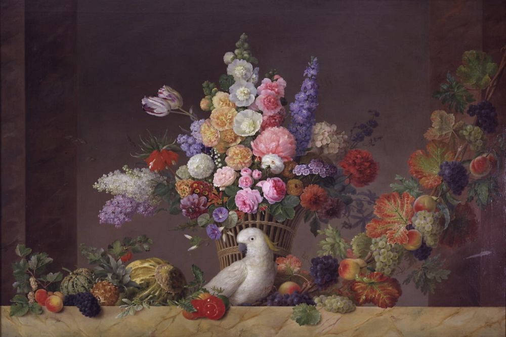A basket of flowers, a cockatoo and a fruit vine by  by Johannes Ludvig Camradt