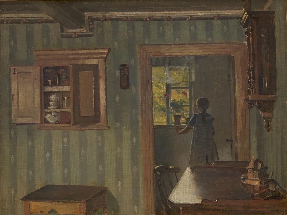 Interior with a little girl at the window by Hans Smidth