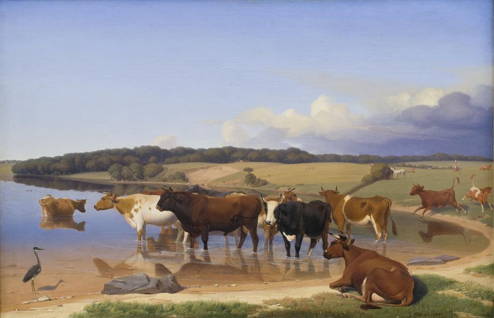 A herd of cattle has sought coolness in a lake on a hot summer day by Jørgen Valentin Sonne