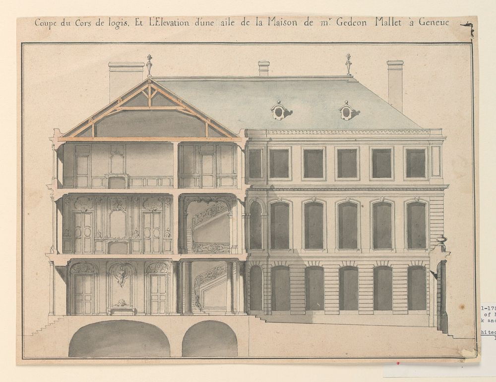 Main and side elevations of the right wing of a house for Monsieur G&eacute;d&eacute;on Mallet in Geneva, Franois Blondel