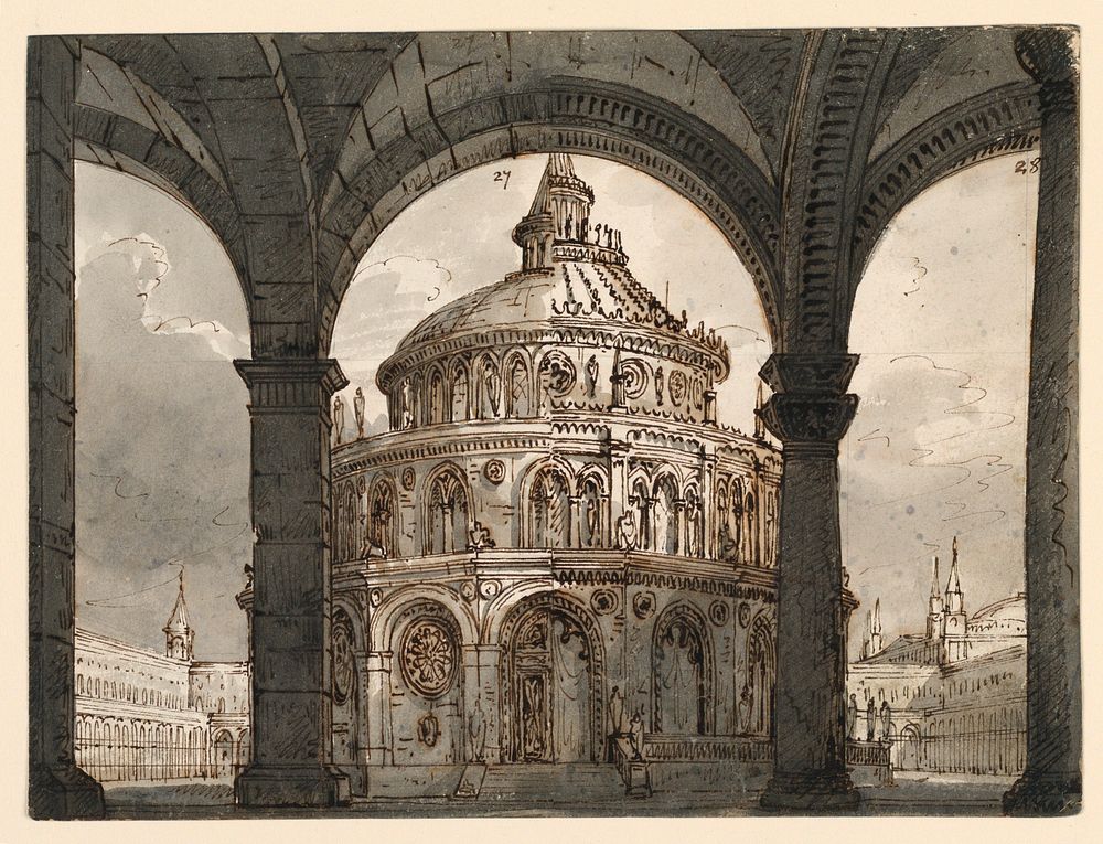 Stage Design, Atrium with the Temple of the Hospitallers for the Opera "La Straniera" by Vincenzo Bellini, Romolo Achille…