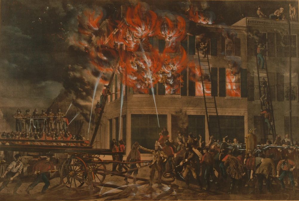 Lithograph, "The Life of a Fireman Series - The Fire - Now Then With a Will - Shake Her Up Boys!", Smithsonian National…