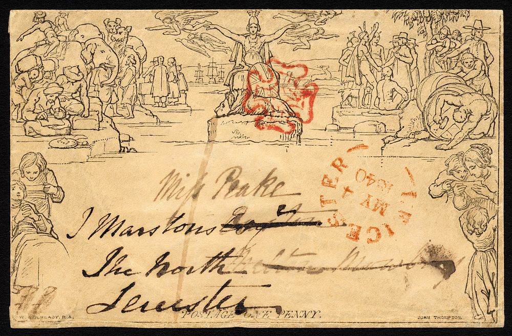 Mulready envelope with pre-first day of issue cancellation date of May 4, 1840